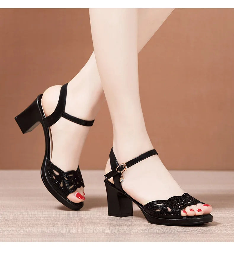 High quality sandals for women 5cm mid heel new 2025 summer size 32 33 42 43 platform open toe elegant fashion shoe black
