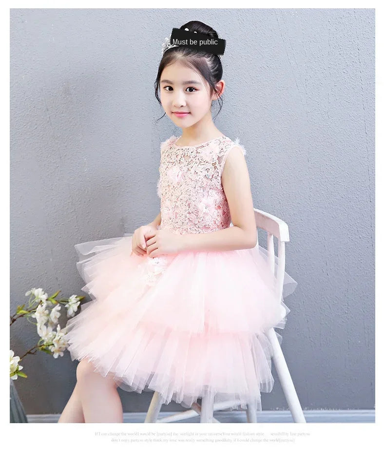 Custom Made Luxury Grey Pageant Dress Kids Birthday Wedding Ball Gown Party Dress Crystal Bandage Flower Girl Dresses Long Train