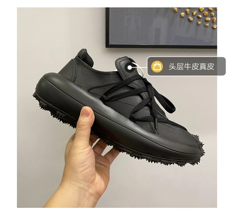 New Trendy Men's Casual Shoes Calf Leather Black Samurai Leather Sneakers Man Breathable Heighten Sports Shoes Platform Trainers