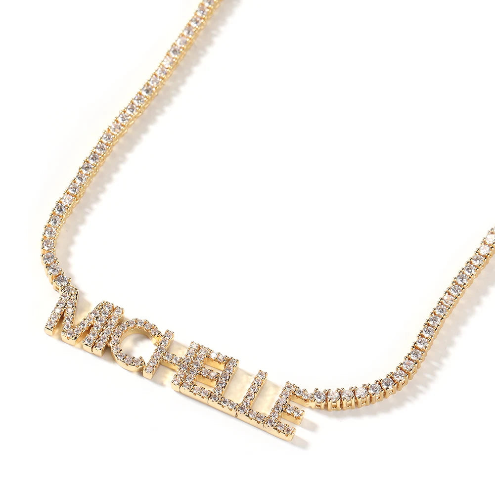 Uwin Custom Mini Letter Welding 2mm Tennis Chain Name Pendant Necklaces For Women Full Iced Out CZ Fashion Hip Hop Jewelry Gift