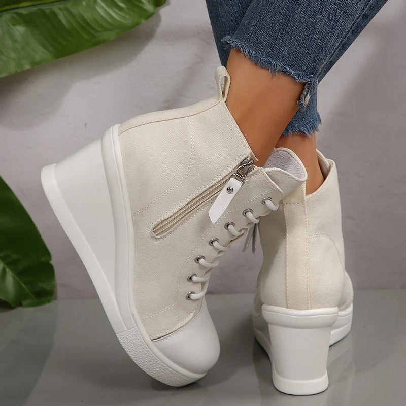 Black High Top Canvas Sneakers Shoes for Women Classic Platform Wedge Heel Casual Shoes Woman Fashion Zipper Lace Up Ankle Boots