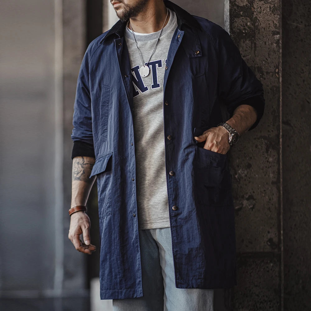 Maden Retro Corduroy Lapel Safari Trench Coat Loose Fit Single-breasted Mid-length Versatile Jacket for Men's Spring and Autumn