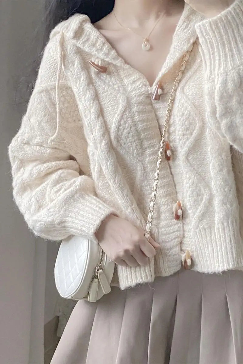Spring and Autumn Horn-button Hooded Knit Sweater Coat Women Loose Outside Crop Top Gentle Soft Preppy Style White Cardigan