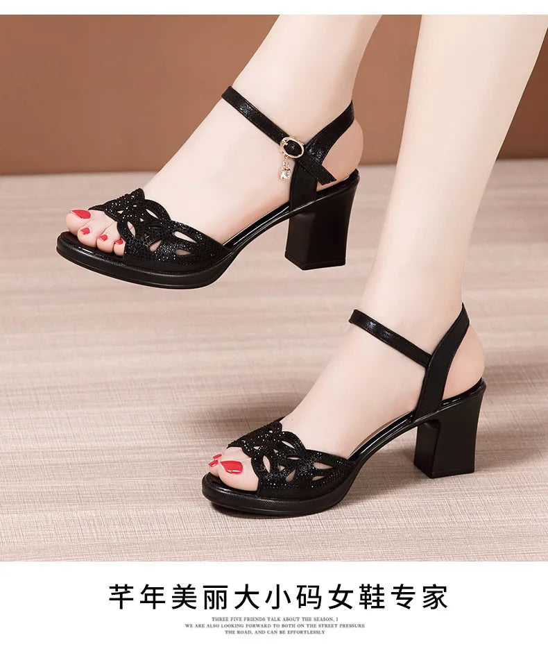High quality sandals for women 5cm mid heel new 2025 summer size 32 33 42 43 platform open toe elegant fashion shoe black