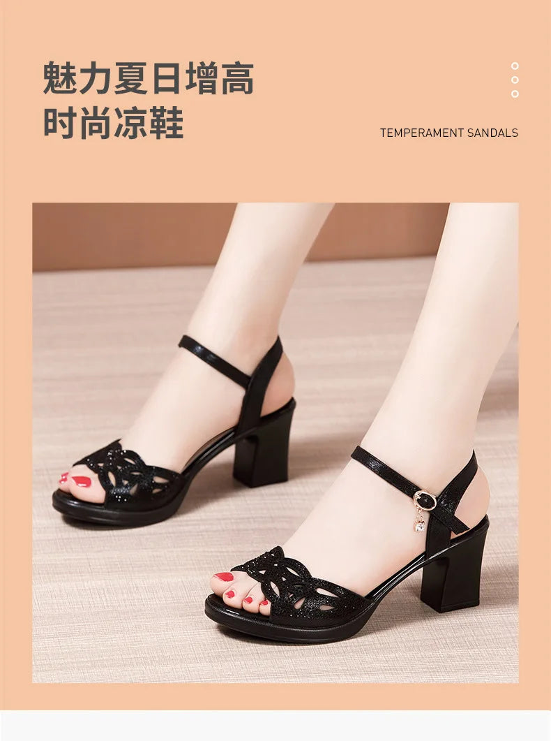 High quality sandals for women 5cm mid heel new 2025 summer size 32 33 42 43 platform open toe elegant fashion shoe black