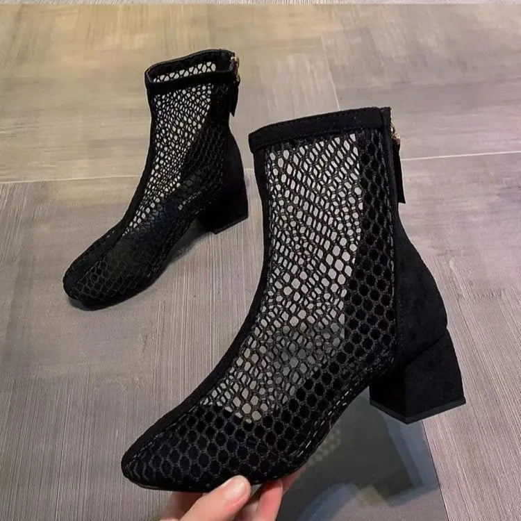 2024 Summer Boot Zapatos Chaussures Femme Zipper Square High Heel Leopard Woman Shoes Women Mesh Suede Ankle Boots Size 43