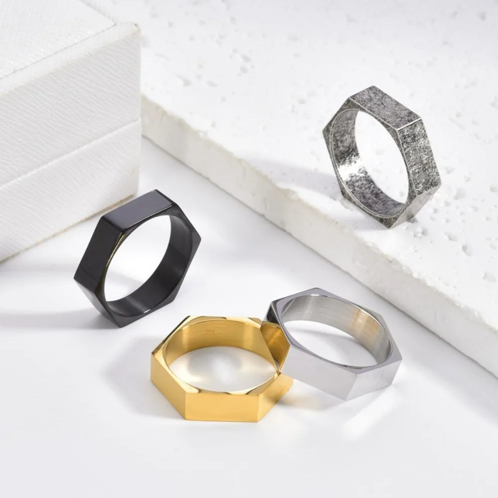 Somen Hexagon Titanium Steel Rings For Men Nut Shape Geometric Wedding Band Engagement Cocktail Party Jewelry Gift Bague Homme