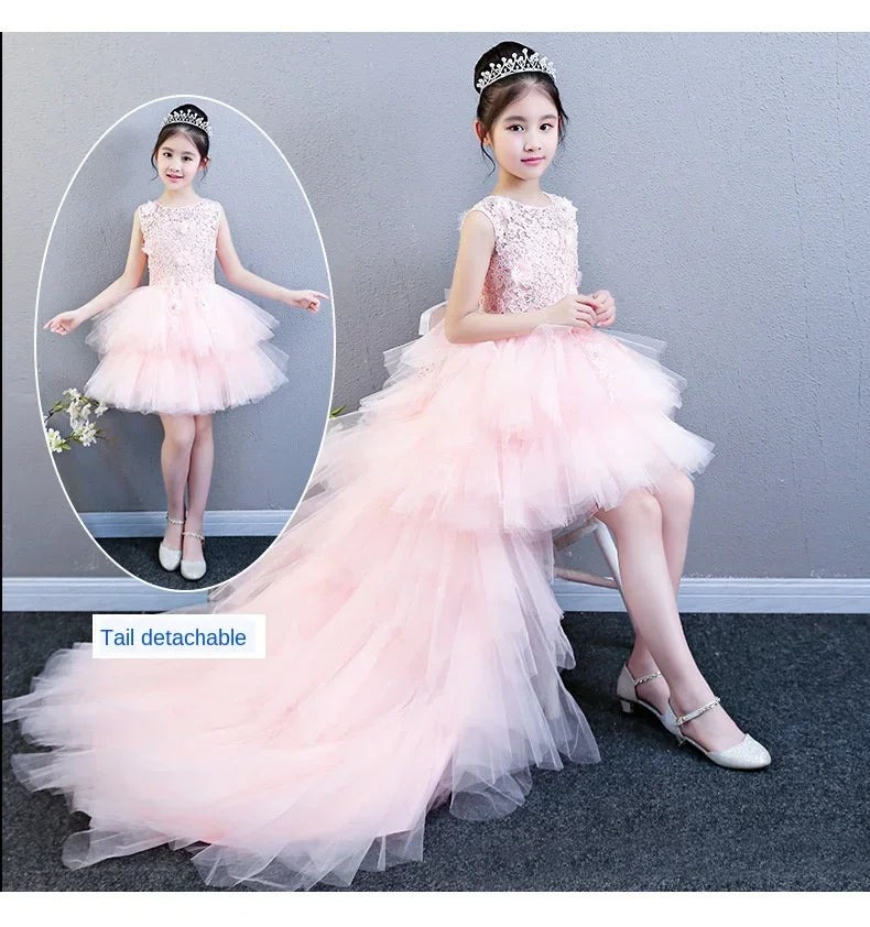 Custom Made Luxury Grey Pageant Dress Kids Birthday Wedding Ball Gown Party Dress Crystal Bandage Flower Girl Dresses Long Train