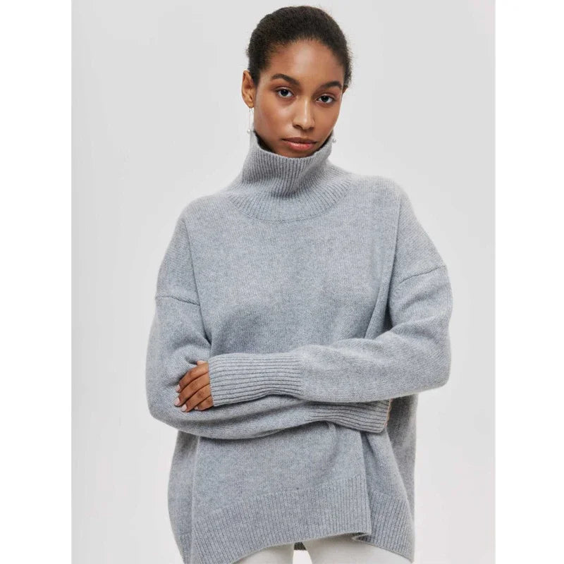 Original Light Luxury O-neck Knit Sweater Autumn and Winter Women's Elegant Loose Mock Neck Solid Color Warm Outerwear Sweater