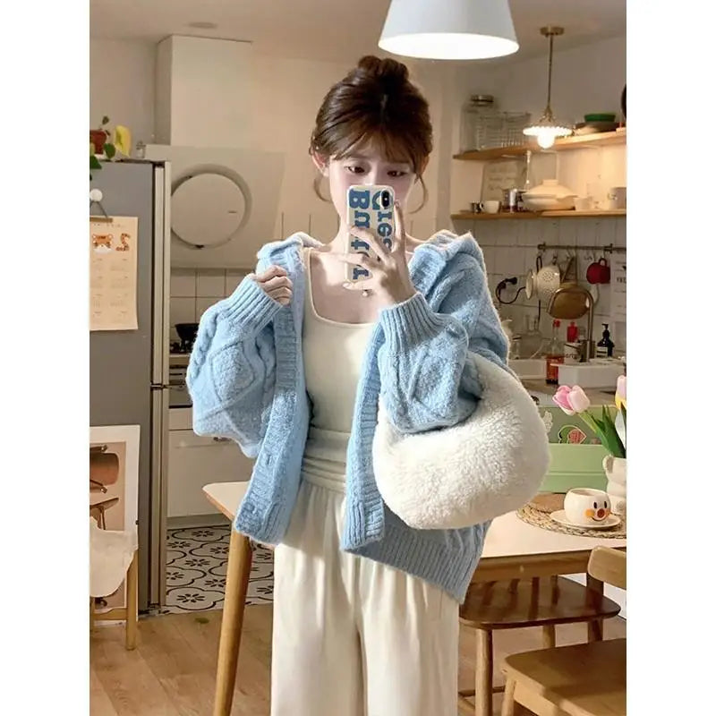 Spring and Autumn Horn-button Hooded Knit Sweater Coat Women Loose Outside Crop Top Gentle Soft Preppy Style White Cardigan