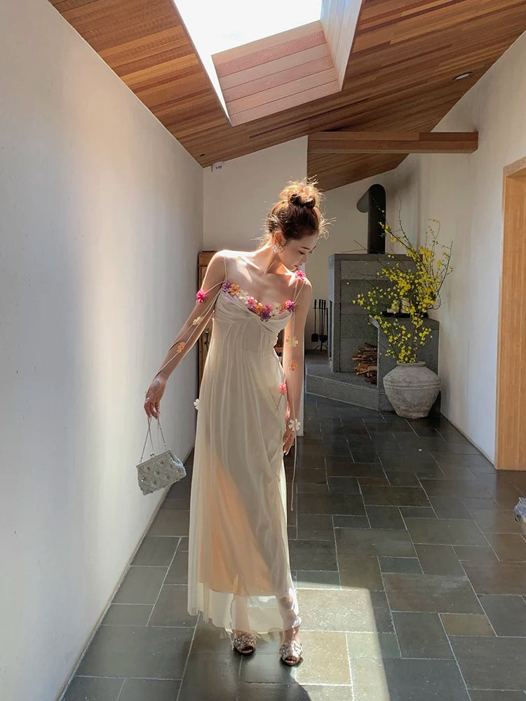 MEXZT Fairy Long Dress Women Boho Vacation Floral Spaghetti Straps Maxi Dresses Summer Fashion Korean Elegant Beach Vestidos New