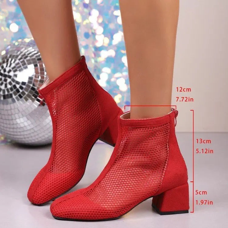 2024 Summer Boot Zapatos Chaussures Femme Zipper Square High Heel Leopard Woman Shoes Women Mesh Suede Ankle Boots Size 43