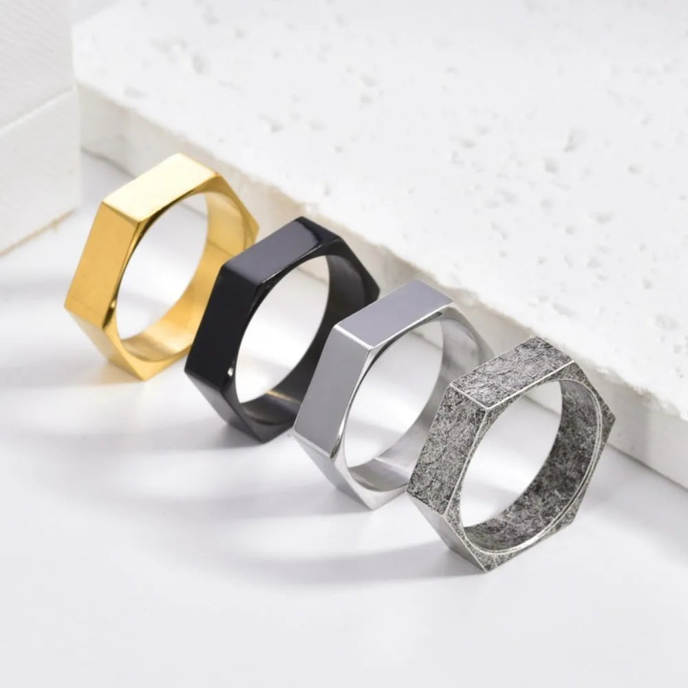 Somen Hexagon Titanium Steel Rings For Men Nut Shape Geometric Wedding Band Engagement Cocktail Party Jewelry Gift Bague Homme
