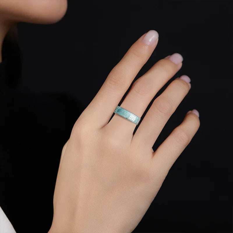 Original Natural A-grade Jade Blue Water Antique Pattern Square Ring Ice Jadeite Male Gifts Female Jewelry Personality Drop Ship