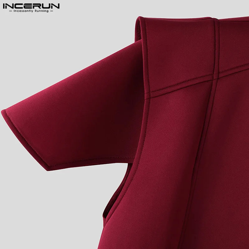 INCERUN Tops 2025 American Style Fashion Men Loose Silhouette Long Cardigan Shirts Casual Personality Solid Short Sleeved Blouse