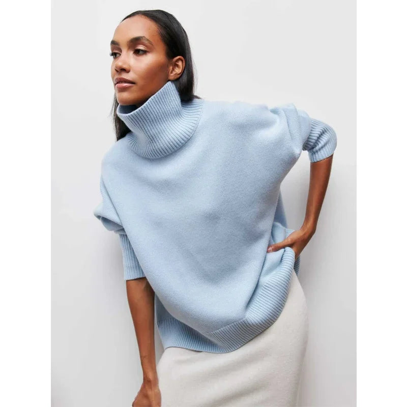 Original Light Luxury O-neck Knit Sweater Autumn and Winter Women's Elegant Loose Mock Neck Solid Color Warm Outerwear Sweater