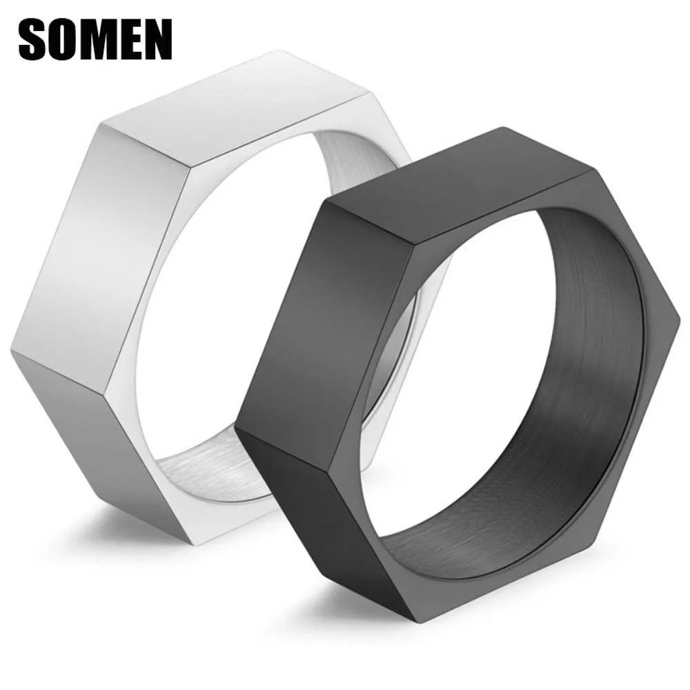 Somen Hexagon Titanium Steel Rings For Men Nut Shape Geometric Wedding Band Engagement Cocktail Party Jewelry Gift Bague Homme