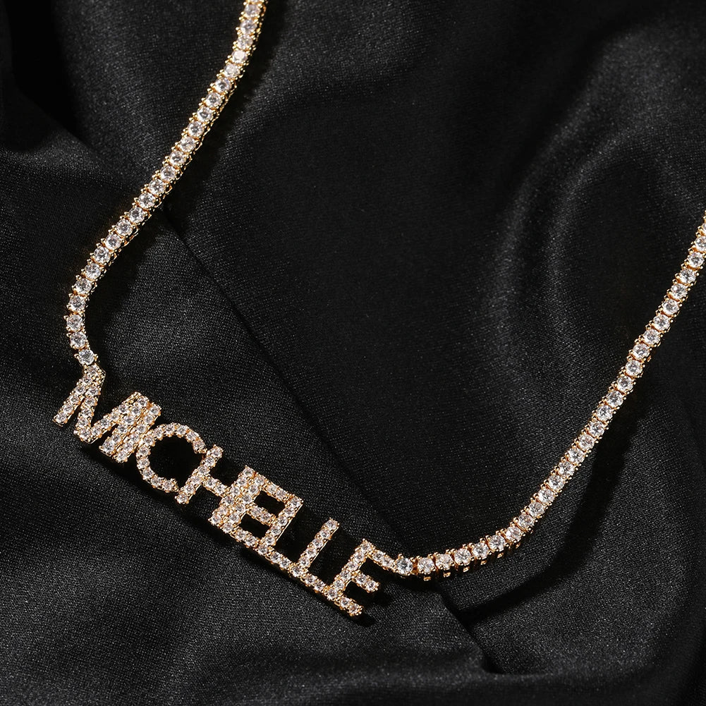 Uwin Custom Mini Letter Welding 2mm Tennis Chain Name Pendant Necklaces For Women Full Iced Out CZ Fashion Hip Hop Jewelry Gift