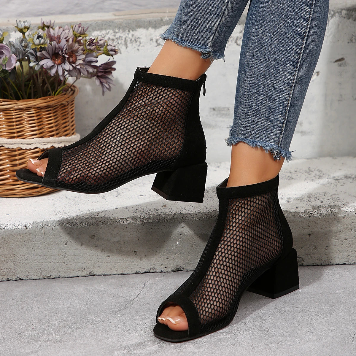 2024 Summer Boot Zapatos Chaussures Femme Zipper Square High Heel Leopard Woman Shoes Women Mesh Suede Ankle Boots Size 43