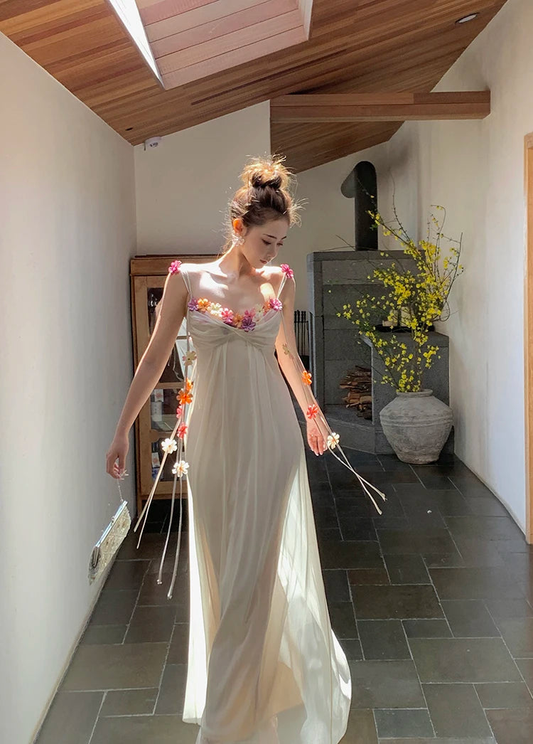 MEXZT Fairy Long Dress Women Boho Vacation Floral Spaghetti Straps Maxi Dresses Summer Fashion Korean Elegant Beach Vestidos New