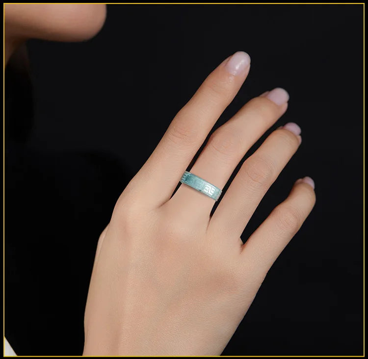 Original Natural A-grade Jade Blue Water Antique Pattern Square Ring Ice Jadeite Male Gifts Female Jewelry Personality Drop Ship
