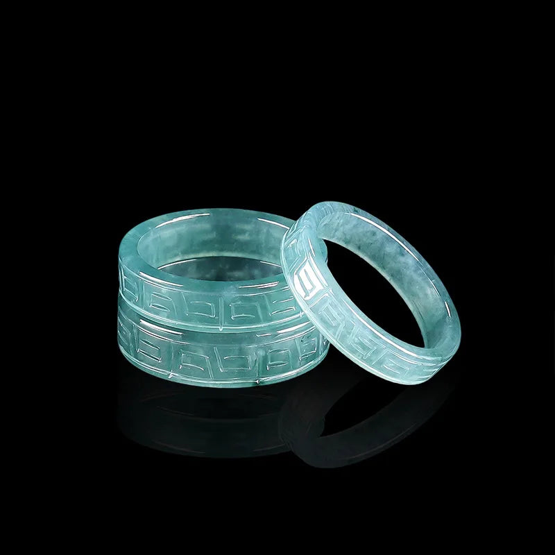 Original Natural A-grade Jade Blue Water Antique Pattern Square Ring Ice Jadeite Male Gifts Female Jewelry Personality Drop Ship
