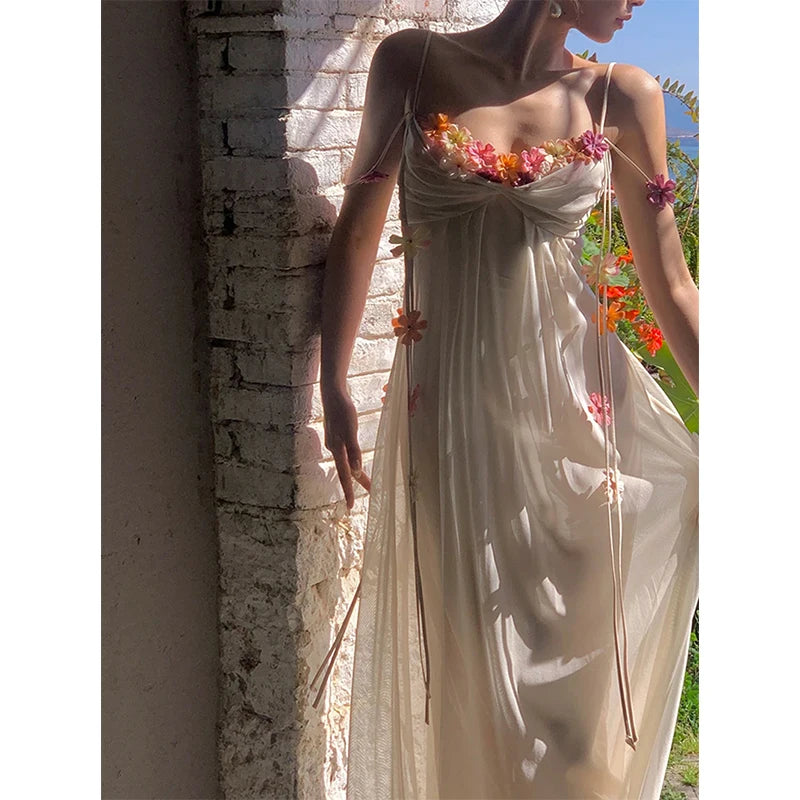 MEXZT Fairy Long Dress Women Boho Vacation Floral Spaghetti Straps Maxi Dresses Summer Fashion Korean Elegant Beach Vestidos New