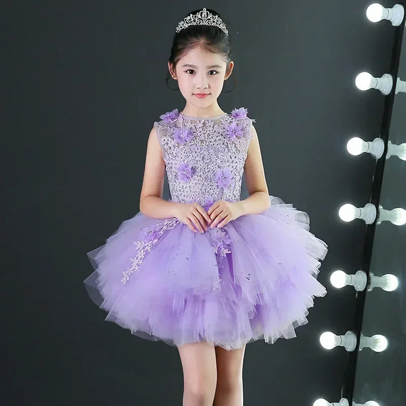 Custom Made Luxury Grey Pageant Dress Kids Birthday Wedding Ball Gown Party Dress Crystal Bandage Flower Girl Dresses Long Train