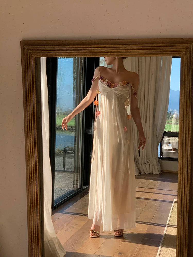 MEXZT Fairy Long Dress Women Boho Vacation Floral Spaghetti Straps Maxi Dresses Summer Fashion Korean Elegant Beach Vestidos New