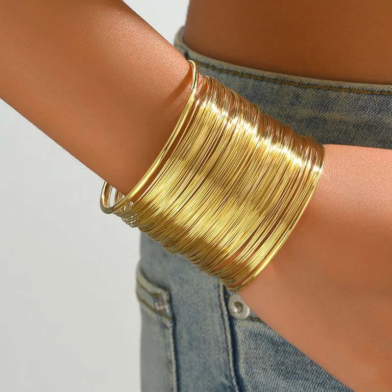 Vintage Gold Color Hyperbolic Layered Wide Wire Bracelet Cuff Bangle for Women Exaggerated Metal Wrist Wrap Bangle Jewelry Gift