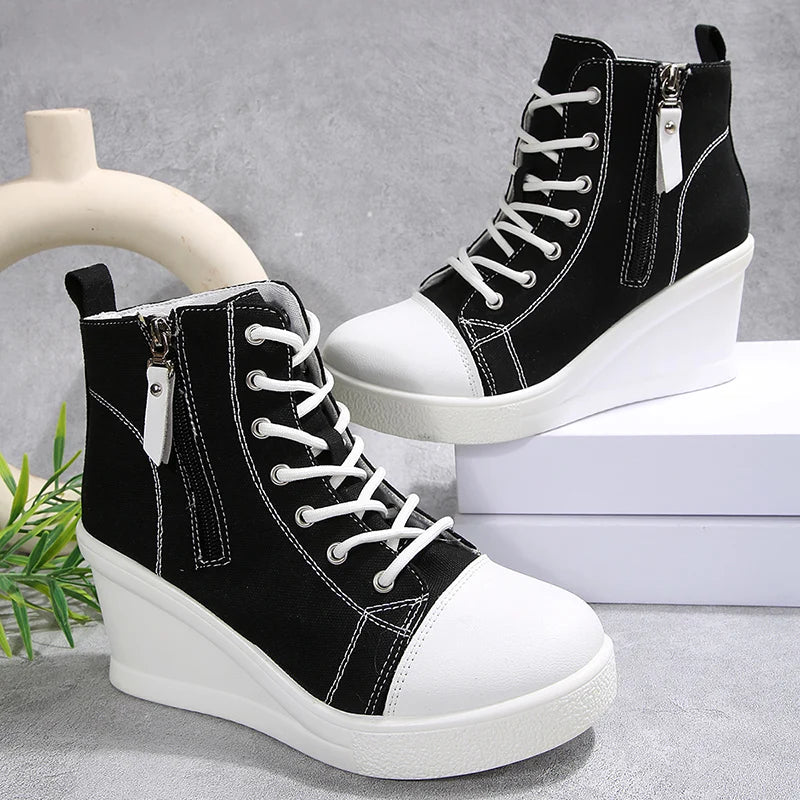Black High Top Canvas Sneakers Shoes for Women Classic Platform Wedge Heel Casual Shoes Woman Fashion Zipper Lace Up Ankle Boots