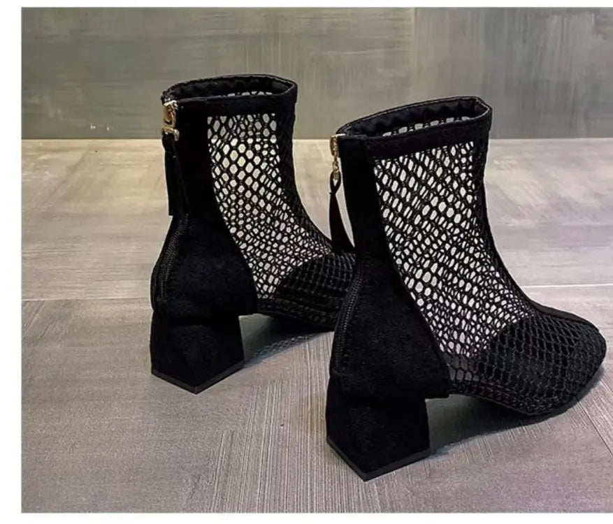 2024 Summer Boot Zapatos Chaussures Femme Zipper Square High Heel Leopard Woman Shoes Women Mesh Suede Ankle Boots Size 43
