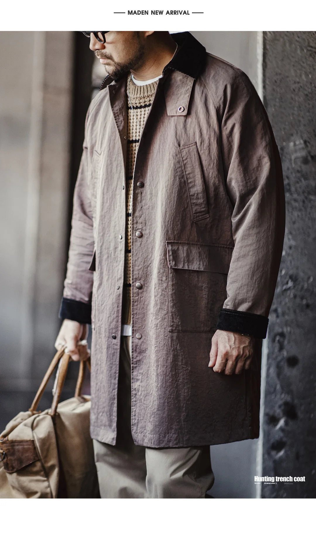 Maden Retro Corduroy Lapel Safari Trench Coat Loose Fit Single-breasted Mid-length Versatile Jacket for Men's Spring and Autumn