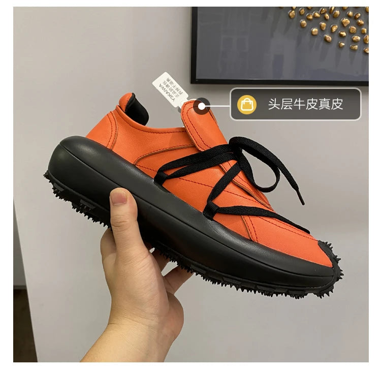 New Trendy Men's Casual Shoes Calf Leather Black Samurai Leather Sneakers Man Breathable Heighten Sports Shoes Platform Trainers