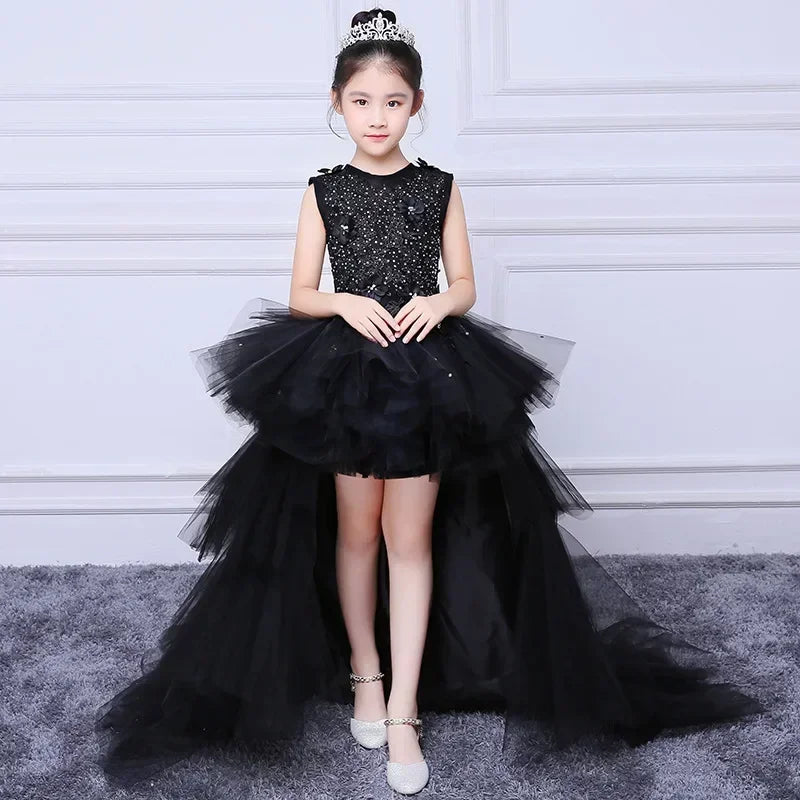 Custom Made Luxury Grey Pageant Dress Kids Birthday Wedding Ball Gown Party Dress Crystal Bandage Flower Girl Dresses Long Train