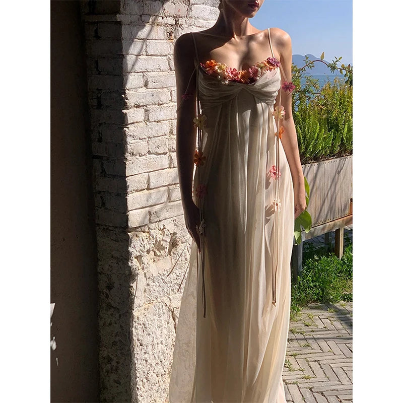 MEXZT Fairy Long Dress Women Boho Vacation Floral Spaghetti Straps Maxi Dresses Summer Fashion Korean Elegant Beach Vestidos New
