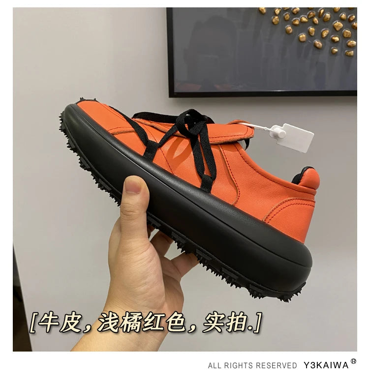 New Trendy Men's Casual Shoes Calf Leather Black Samurai Leather Sneakers Man Breathable Heighten Sports Shoes Platform Trainers