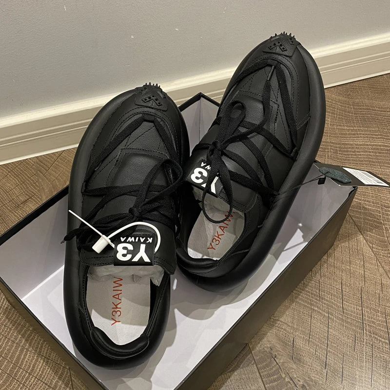 New Trendy Men's Casual Shoes Calf Leather Black Samurai Leather Sneakers Man Breathable Heighten Sports Shoes Platform Trainers