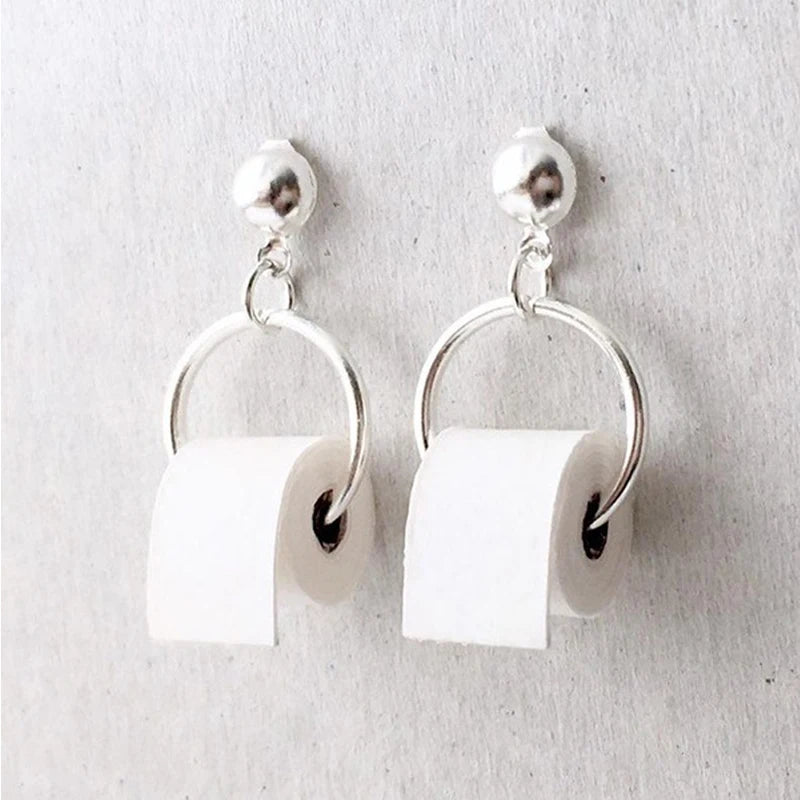 A Pair Creative Funny Toilet Paper Roll Earrings Fashion Tissue Holder Dangle Earrings Ear Studs Women Chic Interesting Jewelry