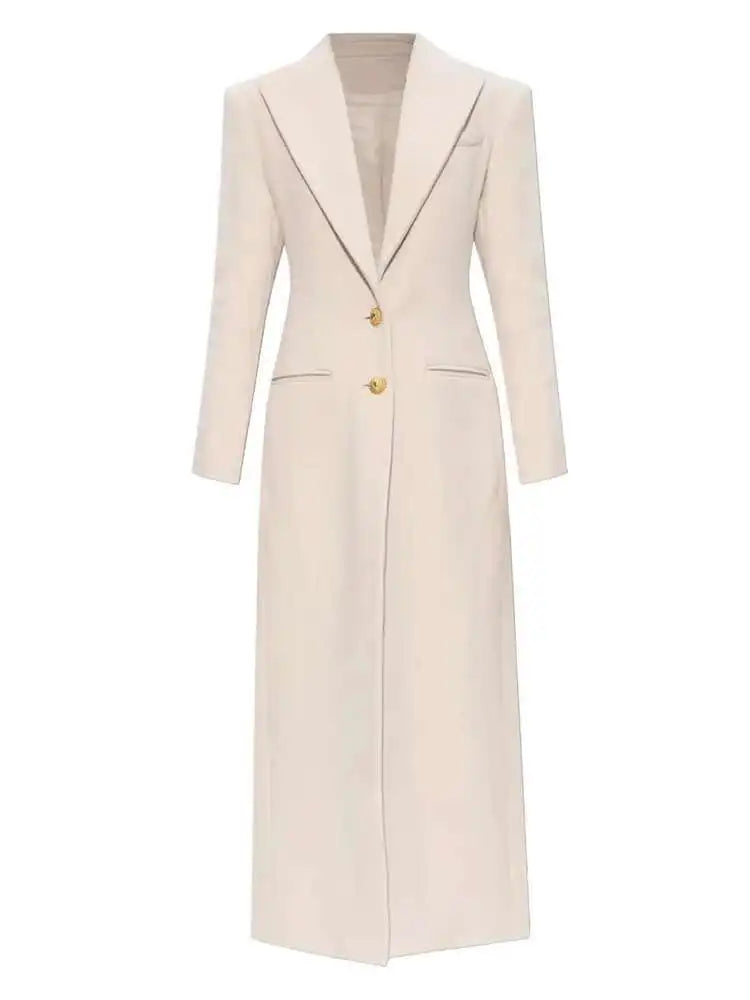 DEAT Fashion Women's Woolen Coat Lapel Silm Single Breasted Long Sleeves Beige Lined Blends Overcoat Winter 2024 New 7AB5487