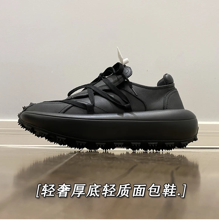 New Trendy Men's Casual Shoes Calf Leather Black Samurai Leather Sneakers Man Breathable Heighten Sports Shoes Platform Trainers