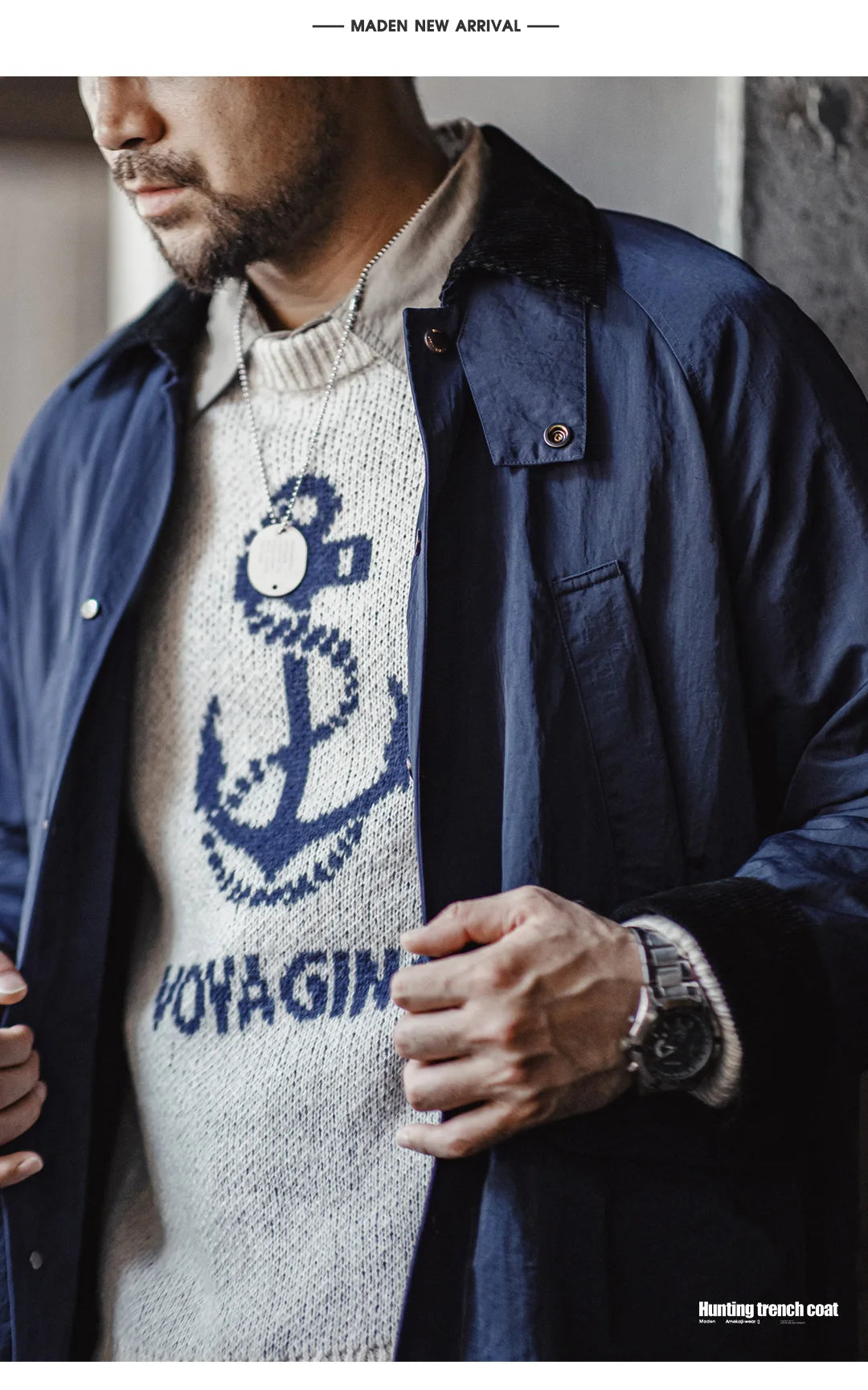 Maden Retro Corduroy Lapel Safari Trench Coat Loose Fit Single-breasted Mid-length Versatile Jacket for Men's Spring and Autumn