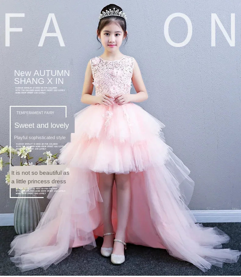 Custom Made Luxury Grey Pageant Dress Kids Birthday Wedding Ball Gown Party Dress Crystal Bandage Flower Girl Dresses Long Train