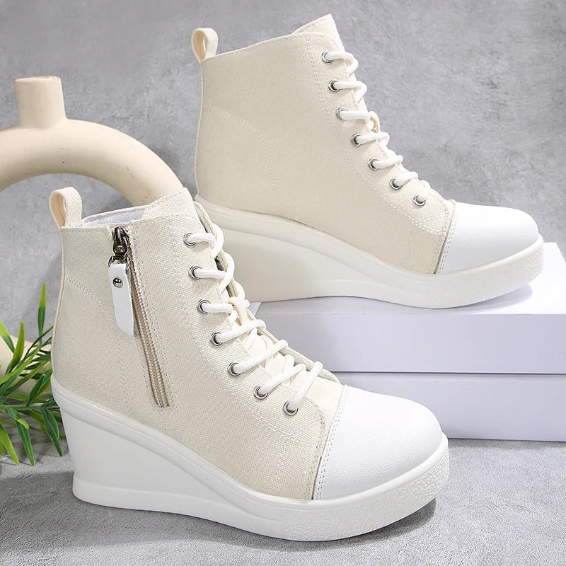 Black High Top Canvas Sneakers Shoes for Women Classic Platform Wedge Heel Casual Shoes Woman Fashion Zipper Lace Up Ankle Boots