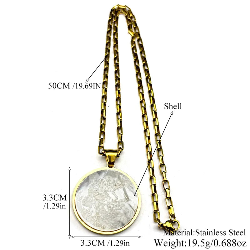 Archangel St.Michael Protect Us Shell Pendant Necklace for Women Men Stainless Steel Saint Michael Round Medal Chain Jewelry