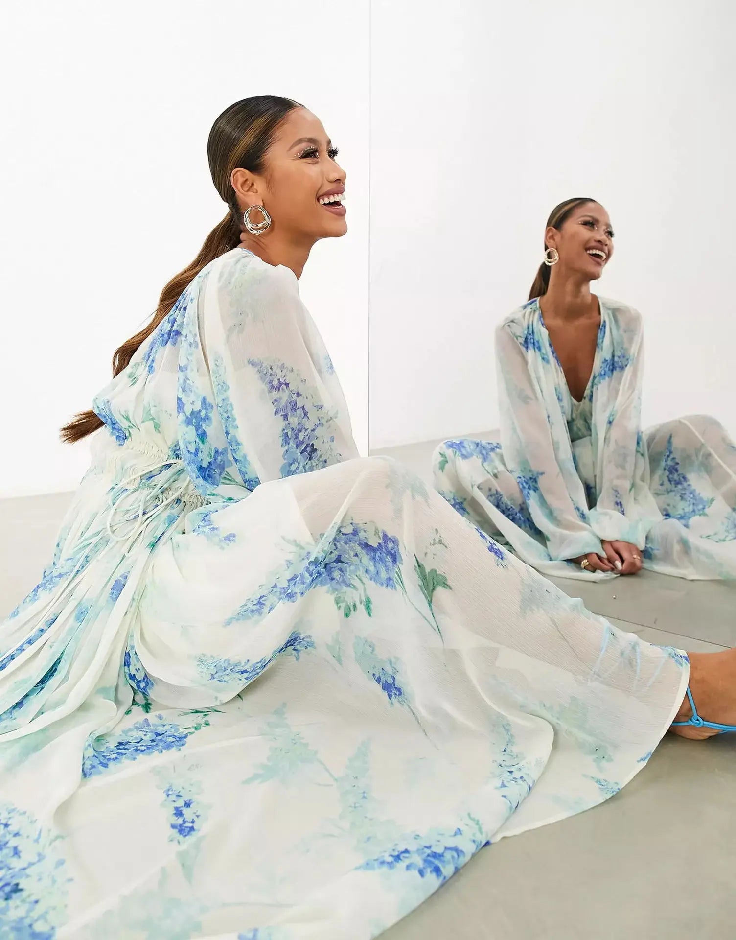 Elegant Print Chiffon Long Dresses Women V-neck High Waist Drawstring Folds See Through Long Sleeve Party Dress Female Vestidos