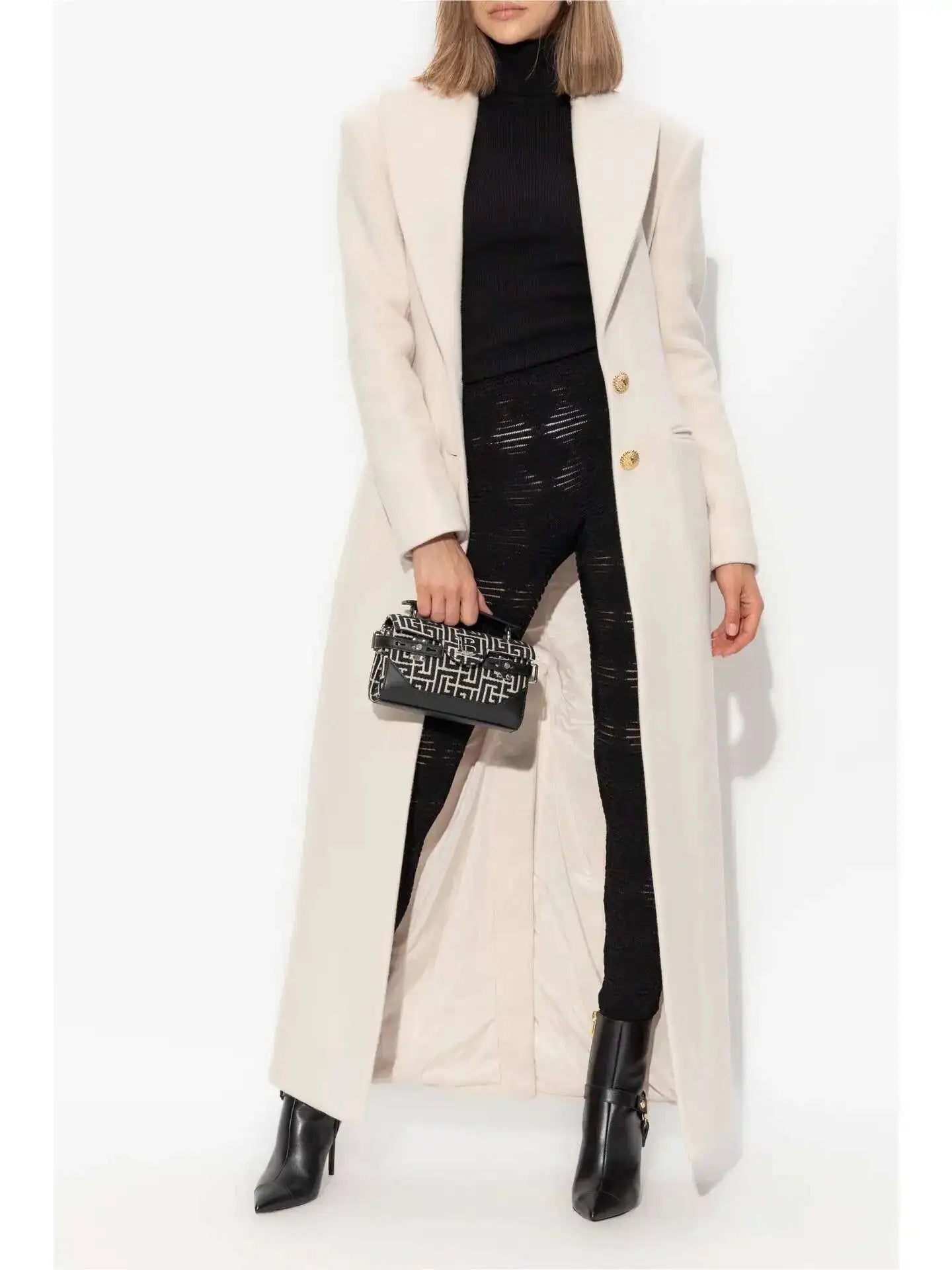 DEAT Fashion Women's Woolen Coat Lapel Silm Single Breasted Long Sleeves Beige Lined Blends Overcoat Winter 2024 New 7AB5487