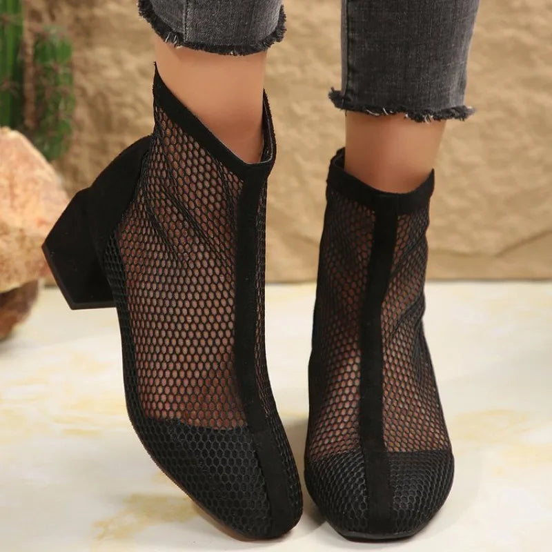 2024 Summer Boot Zapatos Chaussures Femme Zipper Square High Heel Leopard Woman Shoes Women Mesh Suede Ankle Boots Size 43