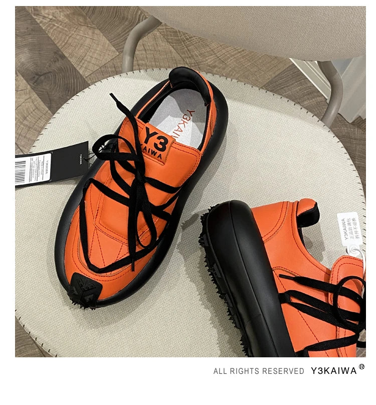 New Trendy Men's Casual Shoes Calf Leather Black Samurai Leather Sneakers Man Breathable Heighten Sports Shoes Platform Trainers