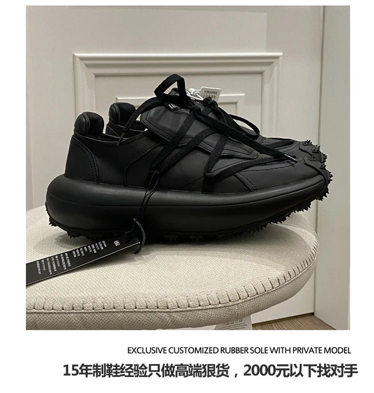 New Trendy Men's Casual Shoes Calf Leather Black Samurai Leather Sneakers Man Breathable Heighten Sports Shoes Platform Trainers